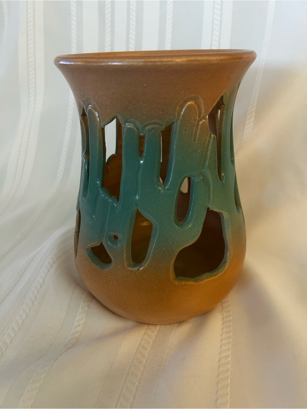 Vintage Studio Art Ceramic Pottery Luminary Candle Holder Teal Cactis Tan Desert